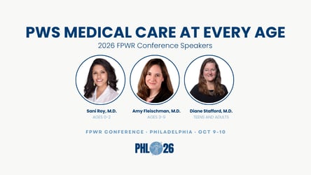 PWS Medical Care at Every Age graphic featuring 2026 FPWR Conference speakers Dr. Sani Roy for ages 0–2, Dr. Amy Fleischman for ages 3–9, and Dr. Diane Stafford for teens and adults.
