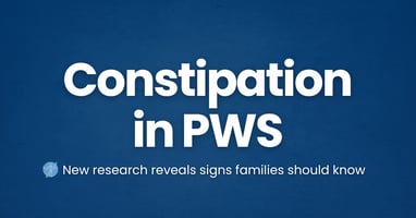 Graphic reading “Constipation in PWS” with the subtitle “New research reveals signs families should know” on a blue background.