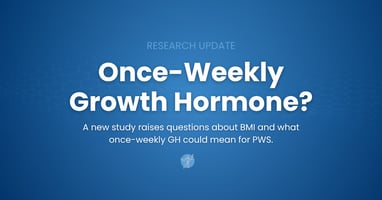 Graphic reading “Research Update: Once-Weekly Growth Hormone?” with supporting text noting a new study raises questions about BMI and what once-weekly GH could mean for PWS.