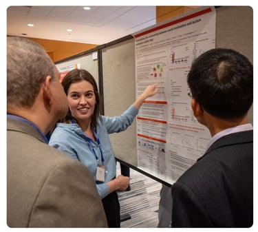 Researcher presenting and discussing a scientific poster with two attendees at the FPWR Research Symposium.