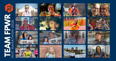 Featured image collage featuring members of Team FPWR for the 2026 New York City Marathon, including runners, individuals living with Prader-Willi syndrome and Schaaf-Yang syndrome, and family members they are running in honor of. A vertical navy banner on the left reads “TEAM FPWR NYC MARATHON 2026,” alongside a running icon, with a grid of colorful personal photos filling the rest of the image.