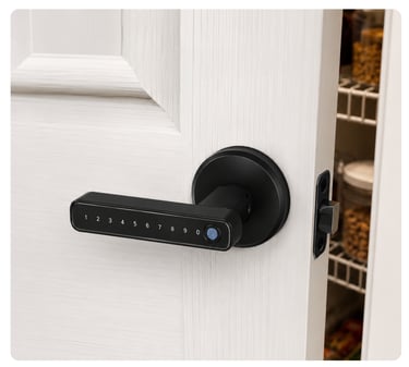 Close-up of a keypad lock on a pantry door.