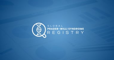 Global Prader-Willi Syndrome Registry logo over a blue background with data charts.