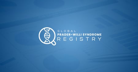 Global Prader-Willi Syndrome Registry logo over a blue background with data charts.